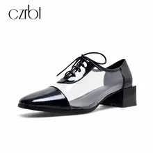 CZRBT британский стиль повседневная кожаная обувь женская обувь на плоской подошве Прозрачные летние женские туфли на шнуровке с квадратным носком черные оксфорды