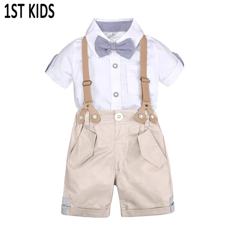 

2018 Fashion baby boy clothes short sleeve white Tshirt+pants+Bow tie 3cps gentleman baby clothing set newborn weddin DBC0591