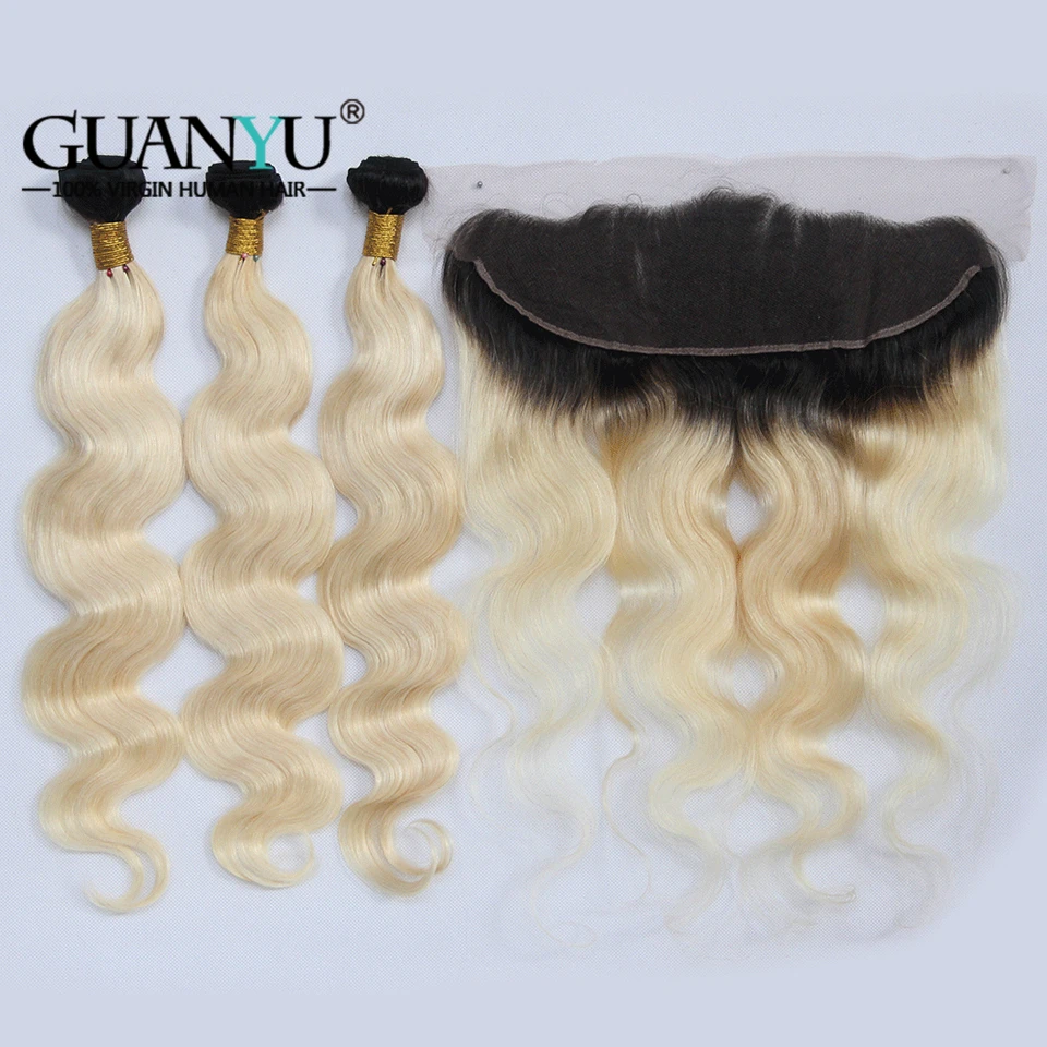 Guanyuhair Malaysian Remy Hair Pre-Plucked Ombre #1B/613 Blonde Body
Wave Human Hair Bundles With Lace Frontal 13X4 Ear to Ear