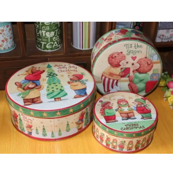 

3PCS/set Metal Baking Biscuit Box Round Storage Box Small Bear Round iron Case Full color print Christmas party gift tin boxes