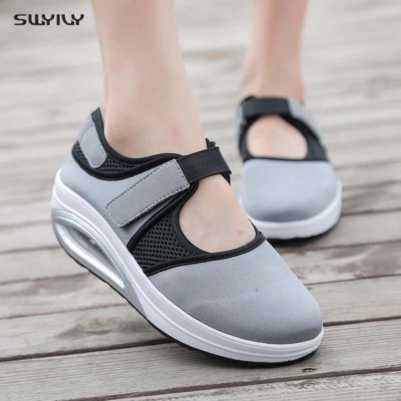 

SWYIVY Wedge Swing Sport Shoes Autumn Women Platform Sports Sneakers Sport 2019 New Slimming Toning Shoes Sneakers Black