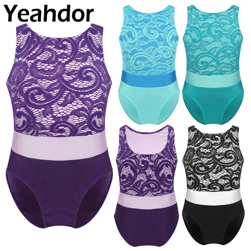 

Kids Girls Ballet Leotards One Piece Sleeveless Lace Top Bodice Color Block Ballet Dance Gymnastics Leotard Ballerina Bodysuit