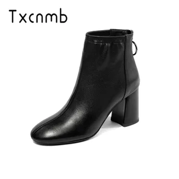 

TXCNMB Fashion Boots Women Ankle Boots Genuine Leather Autumn Winter Warm Chelsea Boots Zipper High Heels Party Shoes Woman