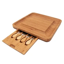 Натурального бамбука доска для сыра набор ножей, столовые приборы с выдвижной ящик деревянный блюдо 4 небольших лезвия из нержавеющей стали с деревянной ручкой