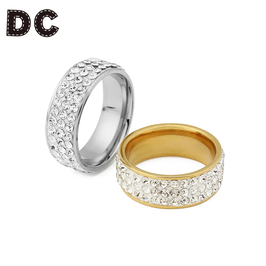 

DC Fashion Stainless Steel Gold Silver 3 Row Lines Clear Crystal Wedding Engagement Rings for Women Men Simple Party Jewelry