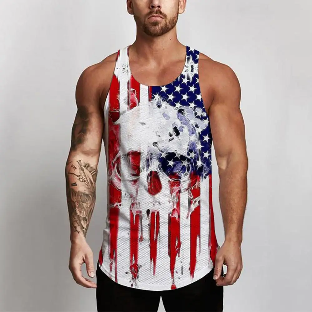 

Gym top tanks for men Sleeveless Independence Day Printing Mesh Breathable Bodybuilding Sport Vest 2019 camiseta tirantes hombre