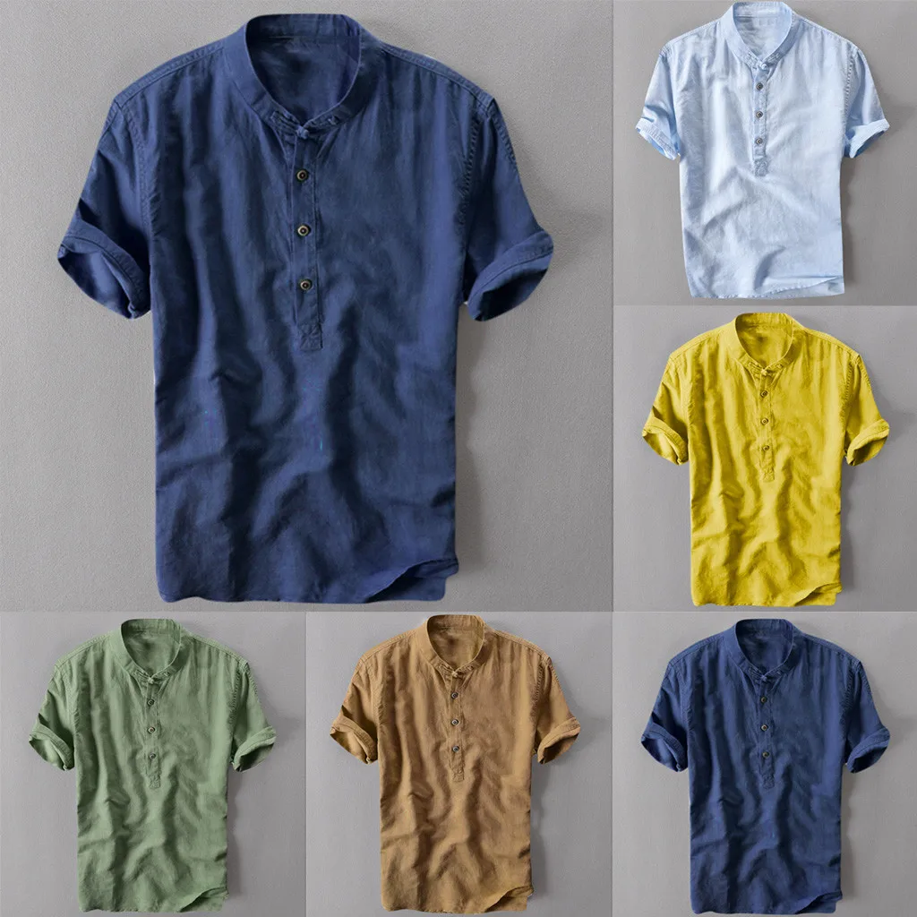 

feitong 2019 Male colth semmer Summer Men's Cool And Thin Breathable Collar Hanging Dyed Gradient Cotton Shirt homme camisa