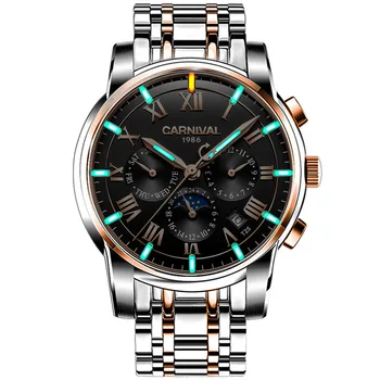 

Skeleton Watch CARNIVAL Business Automatic Watch Men Calendar Week Sapphire Waterproof Full Steel Tritium Gas Mechanical Watches