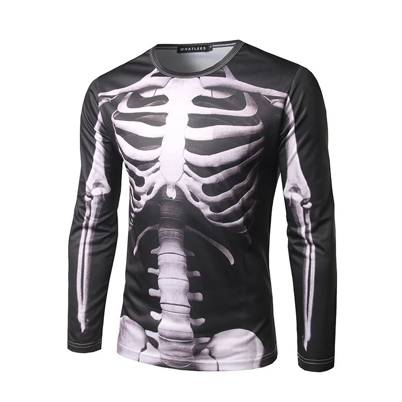 

Scary Halloween Costume X-Ray Torso Skeleton 3D Print Mens Horror Muscle T Shirt Full Sleeves Joking Top Tees Trick For Adult