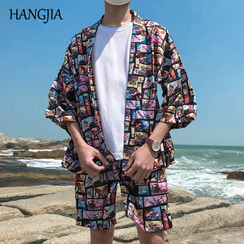 

Hawaii Beach Cardigan Thin Mens Kimono Jacket Trend Hip-hop Printed 3/4 Sleeve Casual Coats Top Male New Outwear