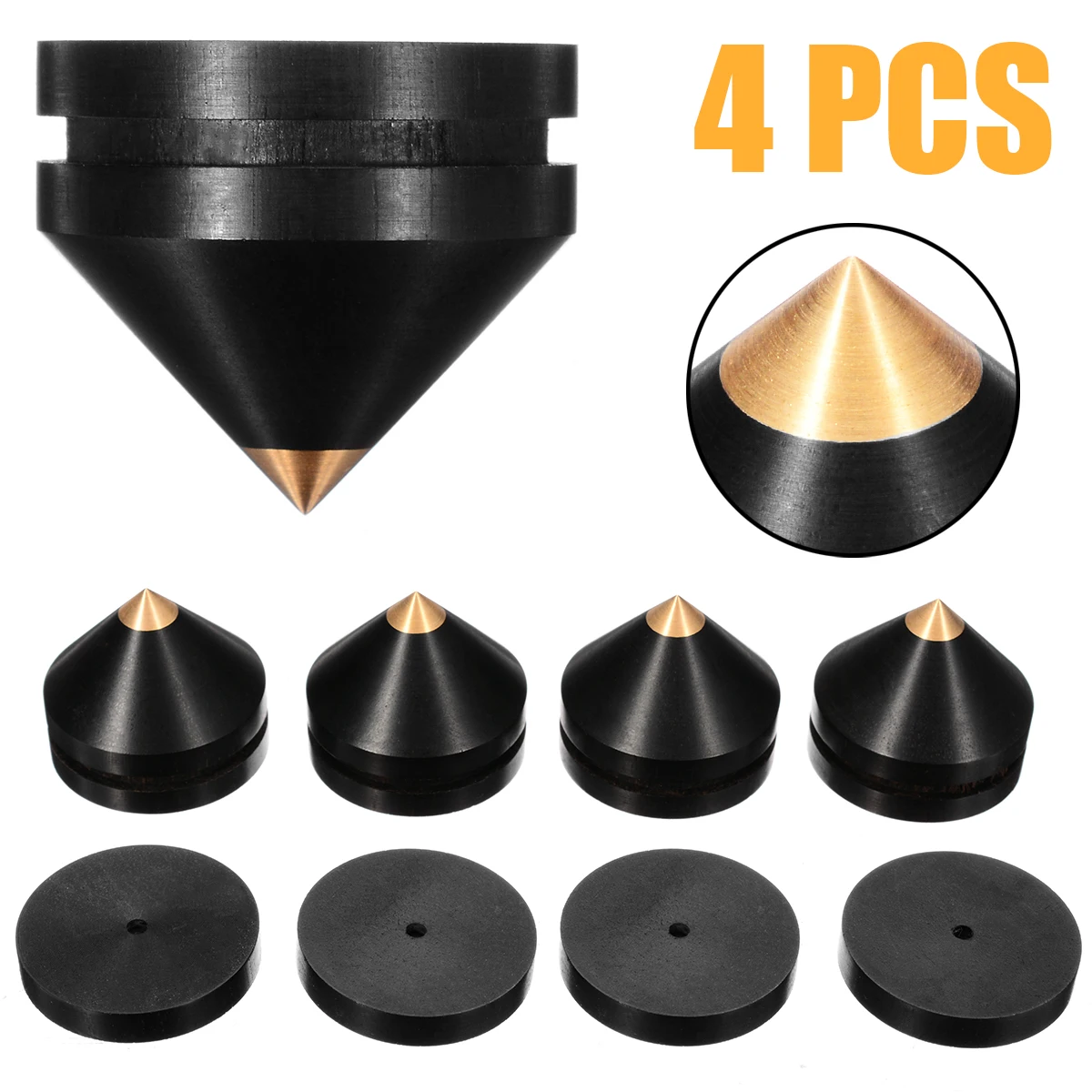 4Pcs Mini Ebony Audio Speaker Spikes Speakers Repair Parts DIY Speaker Isolation Spike Wooden Copper Stand Feet +Base Pad