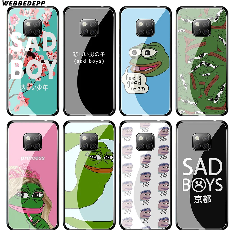 WEBBEDEPP Sad Boy Frog Meme Tempered Glass Case for Huawei Mate 20 P20 P10 P Smart 2019 2018 &amp Honor 10 9 8X 7A Lite Pro |