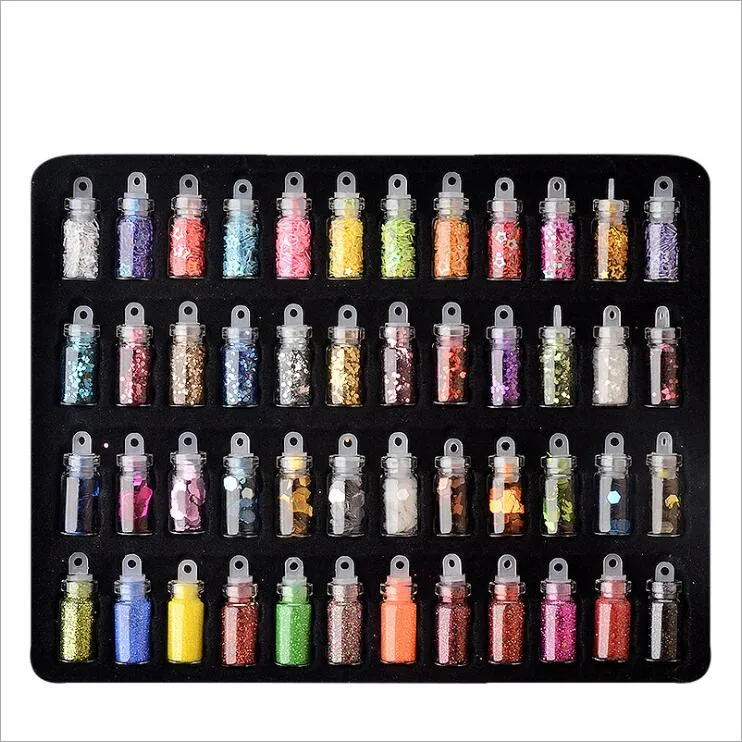 BELESHINY 48 botellas/paquete de polvo de brillo de uñas fitness decoración de mujeres shell perlas de perla mini botella de encanto de Arte de uñas