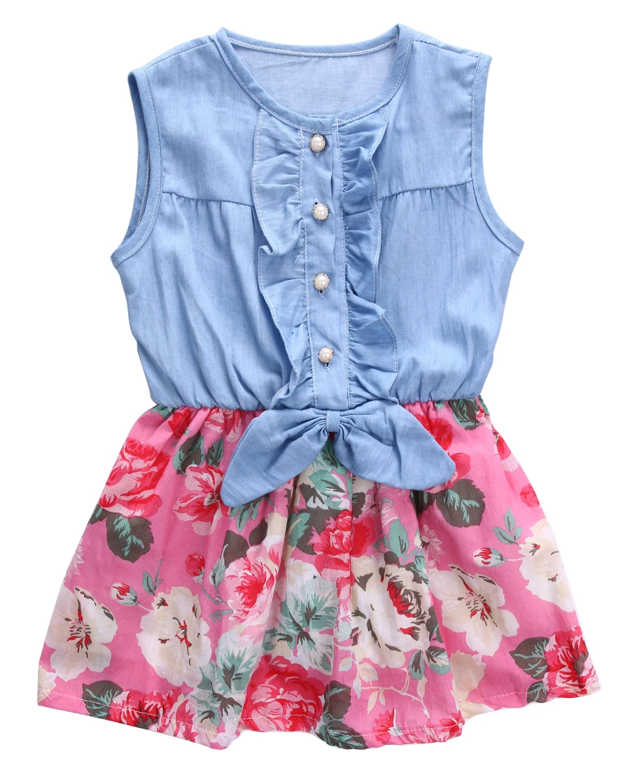 

girl party princess dress Kid Girls Jean Denim Patchwork Bow Flower Ruffled Dress Sundress Clothing Costume