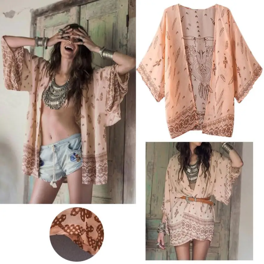 2018 New listing Women Boho Printed Chiffon Loose Shawl Kimono Cardigan Tops Cover up Blouse Hundred and up Outerwear 18July2 Coats