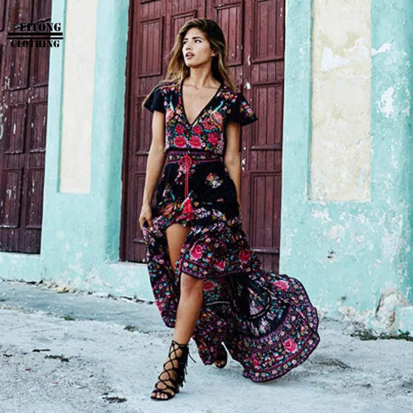 Женское винтажное платье с коротким рукавом в стиле бохо цветочным принтом и
