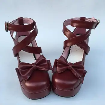 

Gothic Claret Matte Ankle Cross Belts High Heel Pumps Elegant Single Bow Lolita Princess Heels Shoes