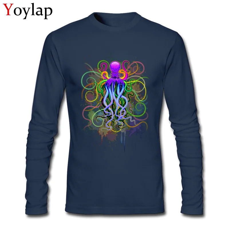 Popular Geek T Shirts Long Sleeve 100% Cotton Octopus Psychedelic Luminescence Crew Neck Boy Tops Shirts 3D Printed Summer Tee Shirts Octopus Psychedelic Luminescence navy