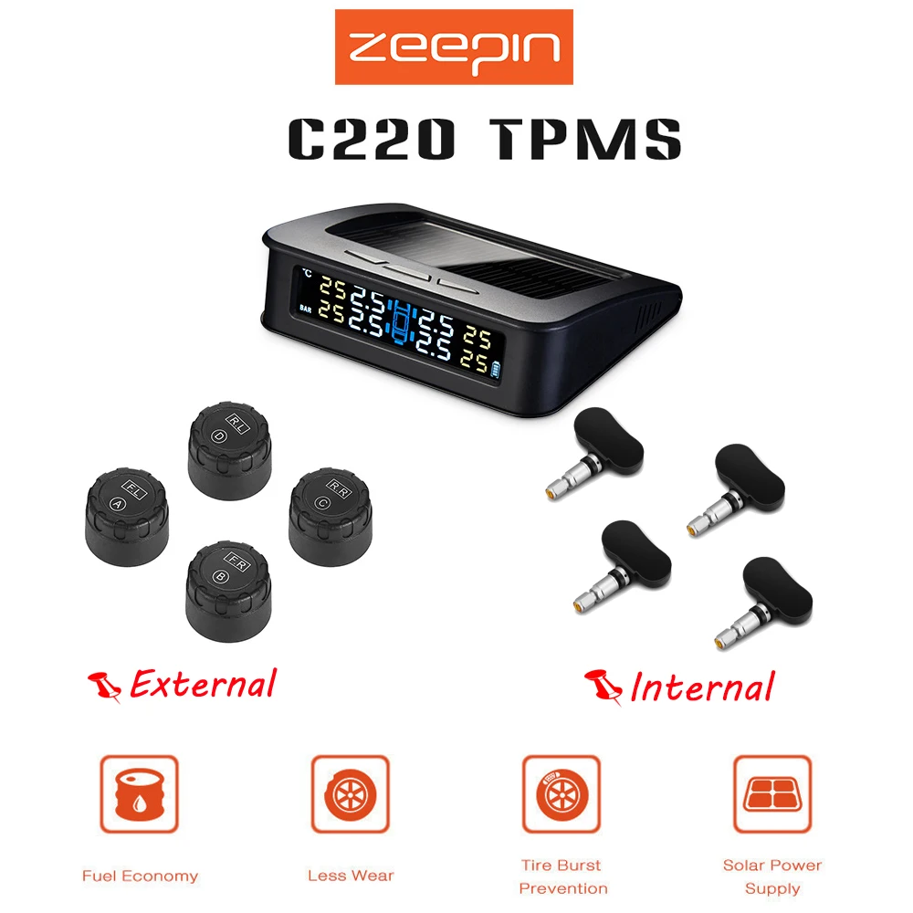 ZEEPIN TPMS C220 автомобильный монитор давления в шинах Система Солнечной Системы TPMS с 4 внешними/внутренними датчик давления для шин