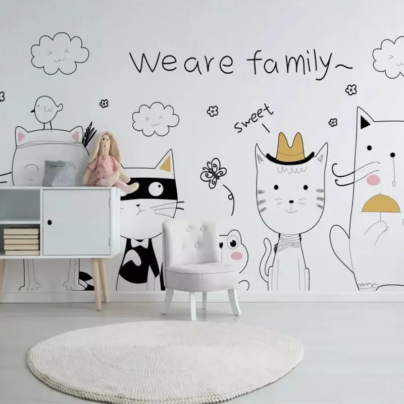Обои фото 3D фото на заказ весь дом Настенные обои ребенок мультфильм милый черный и белый кошки для детской комнаты спальни