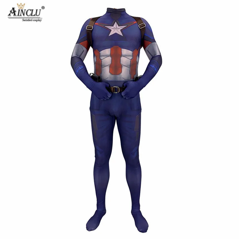 Newest Adults Kids Avengers Endgame Captain America Cosplay Costumes Bodysuits 3D Printed Lycra Zentai Jumpsuits with Belt/Strap