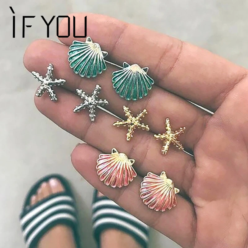 

IF YOU Bohemia Starfish Shell Stud Earrings Set For Women Vintage Turtle Stone Geometry Fashion Earring Female Arete Jewelry New