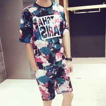 Для мужчин женские наборы модная футболка с Шорты 2 шт. с цветочным принтом мужской одежды бренд Для мужчин s рубашки+ Шорты спортивный костюм