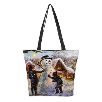 

Customized ladies fashion shoulder bag Christmas print pattern snowman Christmas tree shopping bag canvas bag beach bag44.5*35cm