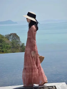 

2019 Summer Women Elegant Boho O-Neck Beach Dress Vintage Printed Holiday Dress Long Sleeve Ankle-Length Long Dress