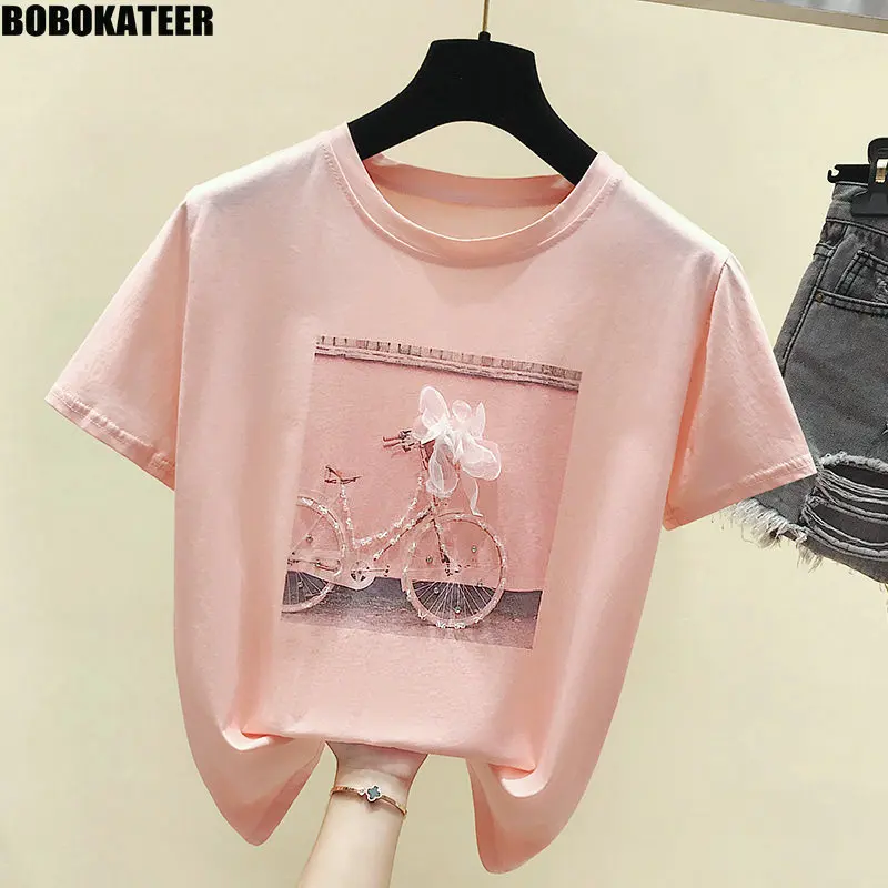Online BOBOKATEER Mode T shirt Weibliche Sommer Tops Kawaii Rosa T Shirt Femme Weiß T shirt Frauen Kleidung 2019 Neue Camisas Mujer