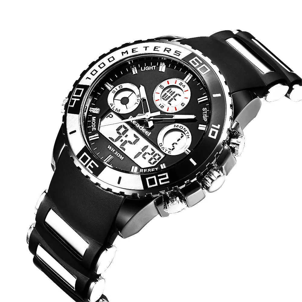 Readeel Брендовые мужские спортивные часы, 2 часовых пояса, мужские модные часы, резиновые цифровые кварцевые наручные часы, мужские часы - Цвет: Черный