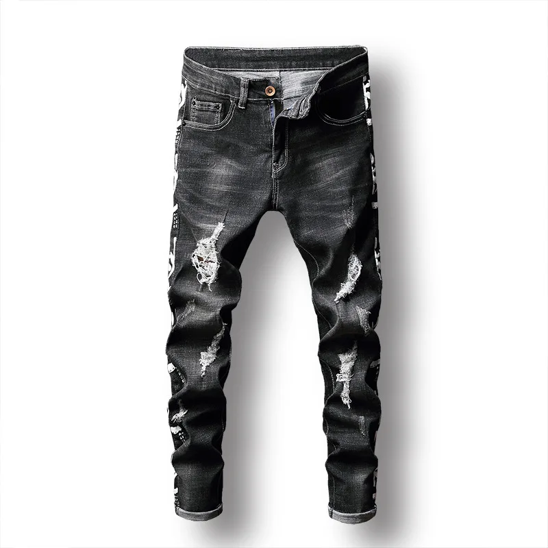 New Black Zipper Jeans Men Slim Stretch Ripped Hole Distressed Straight Pants Mens Spring Skinny Hip Hop Biker Jeans