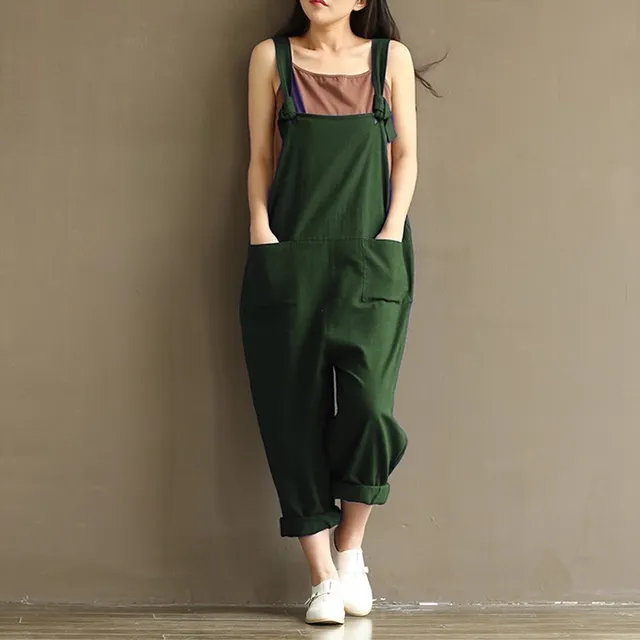 ZANZEA Vintage Women Strappy Solid Rompers Pockets Cotton Linen Jumpsuits Dungarees Sleeveless Loose Bib Overalls Plus Size