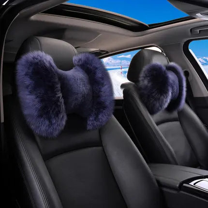 Зимняя подушка для шеи на подголовник автомобиля из чистой шерсти, теплая мягкая меховая подушка для сиденья автомобиля, подушка для поддержки головы для BMW, Toyota, Corolla, Prado, VW - Цвет: Dark blue 2pcs