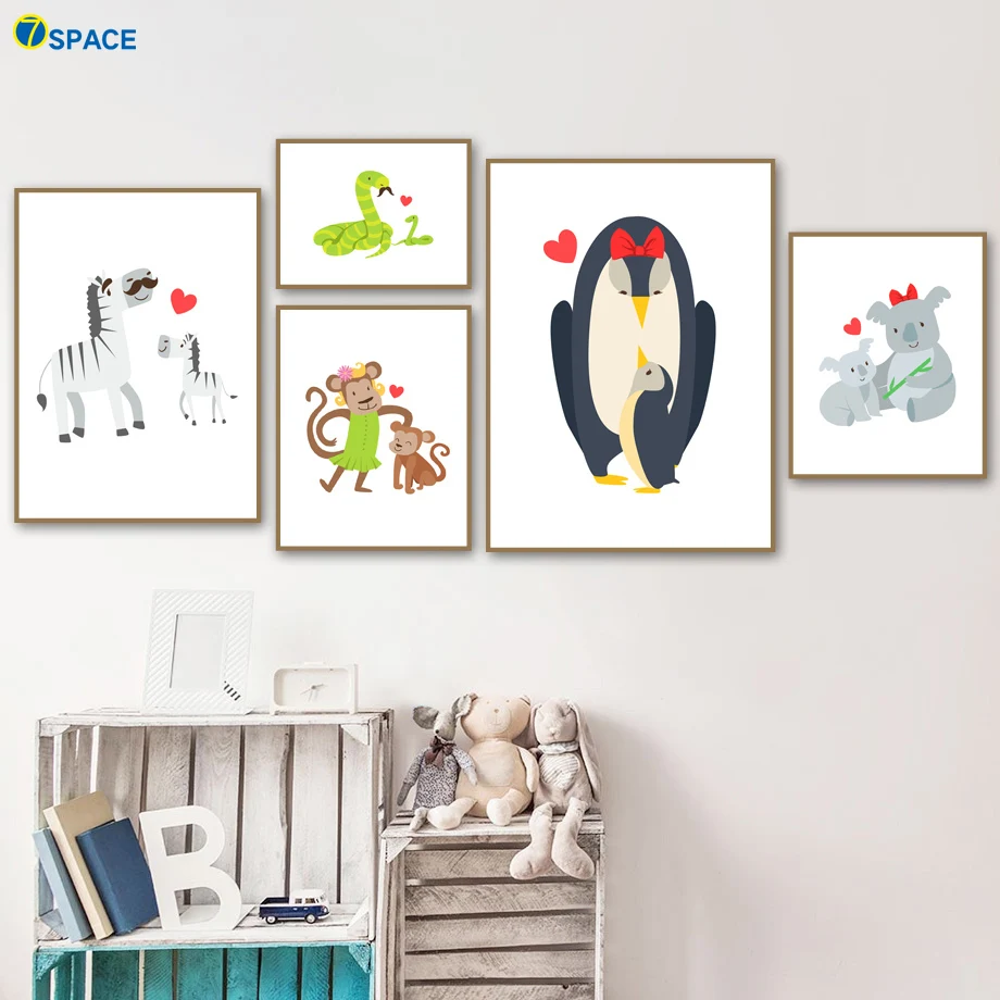 

Animal Family zebra Koala Monkey Penguin Wall Art Canvas Painting Nordic Poster Art Prints Wall Pictures Baby Kids Room Decor