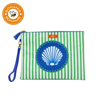 

BONAMIE Wet Bikini Bag Bohemian Waterproof Women Handbag With Wrist Strap Girl Stripe Shell Pattern Clutch Beach Bag With Tassel