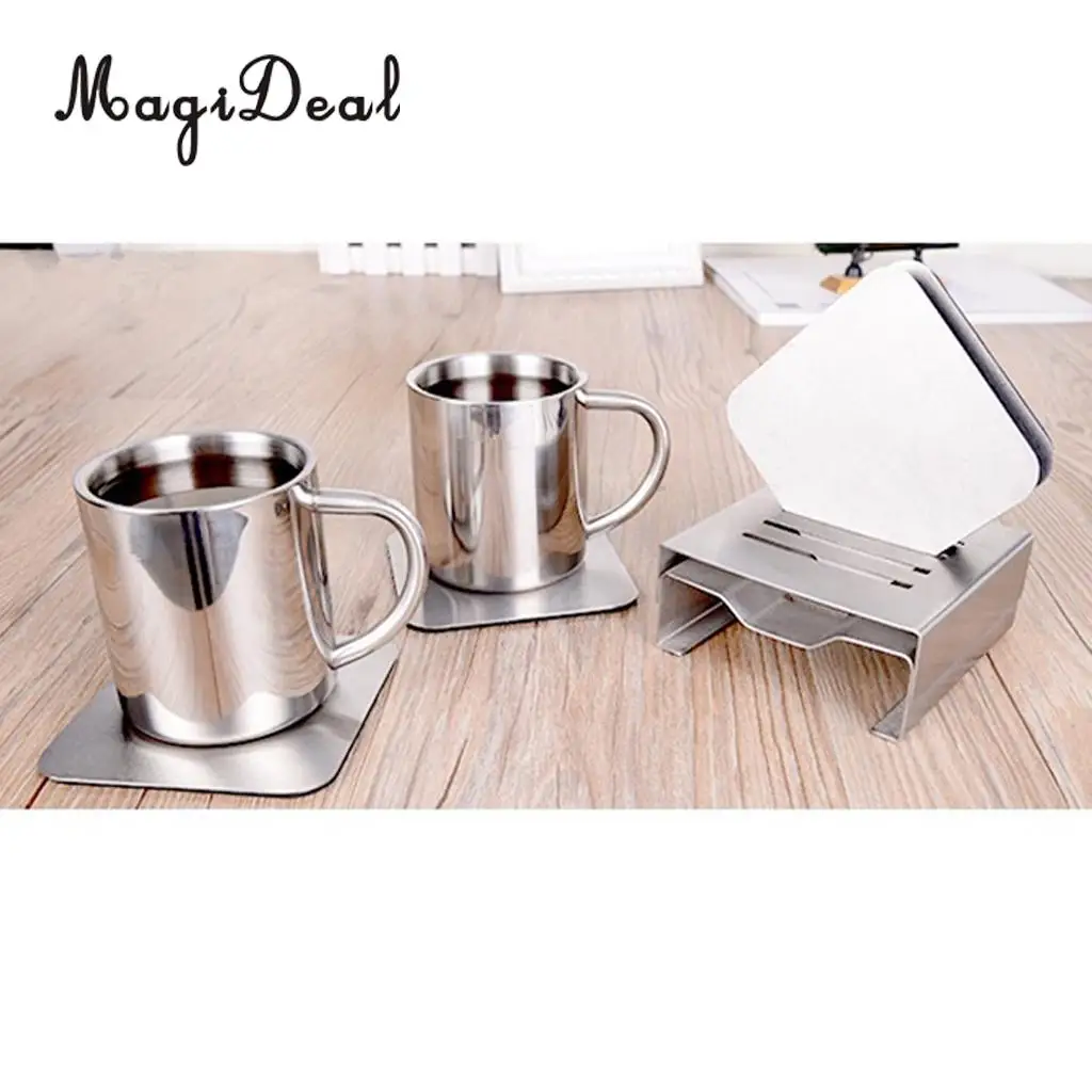 MagiDeal 4pcs/set Car Use Slice Coasters Hot Cold Drinks Cup Mat Stainless Steel - Round & Square,Anti Spills, Scratches, Damage