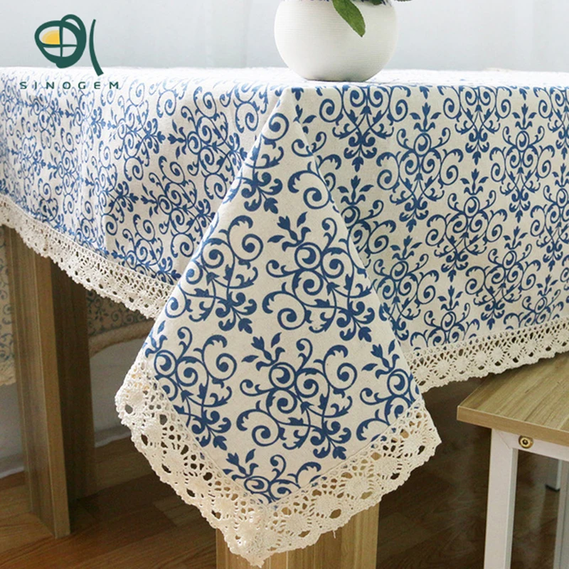 

Sinogem Retro Blue and White Table Cloth with Lace Cotton Print Chinese Style Rectangular Dinning Tablecloths Cover Home Decor