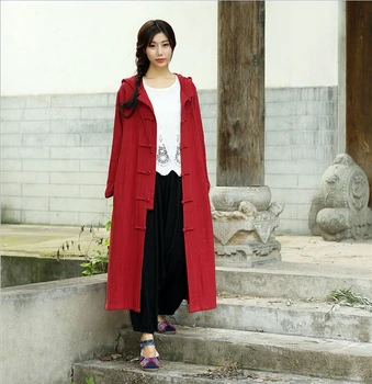 

Unisex autumn retro frog pure linen casual personnalit literary long dust coat hooded windbreak wind coat trench coat