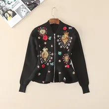 Европейский стиль осенний женский кардиган Модный черный бейсбол роскошный бренд вышивка Блестки Кружева Высокая талия куртка