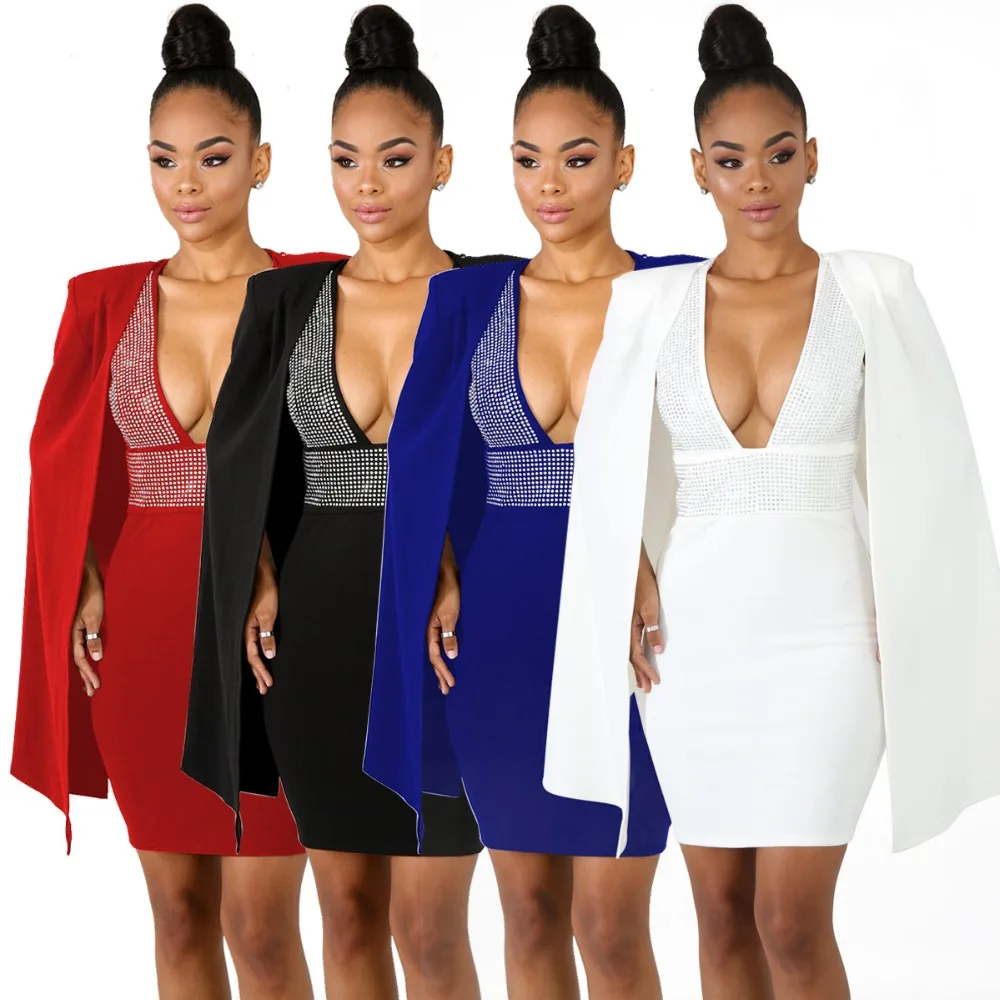 

Sexy Plunging V Neck Diamonds Details Bodycon Dress with Cloak 2 Pieces Night Club Party Wear Backless Mini Office Dresses XXL