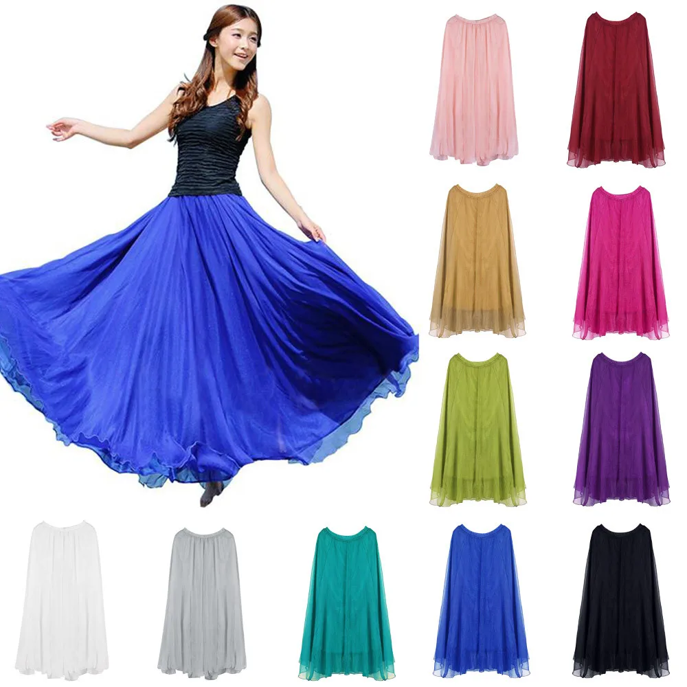 Women Skirt Summer Solid Skirt Chiffon Women Elastic Waist Chiffon Long Maxi Beach Skirt W624