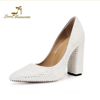 

4 Inches Chunky Heel White Pearl Bride Wedding Party Shoes Mother of the Bride Shoes Pointed Toe Customized Evening Club Pumps