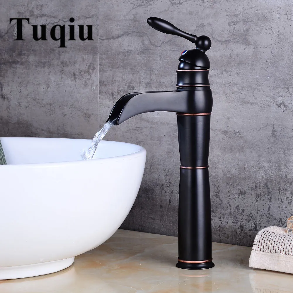 

Basin Faucets Waterfall Bathroom Faucet Single handle Basin Mixer Tap Bath Antique Faucet Brass Sink Water Crane Black Oil Brush
