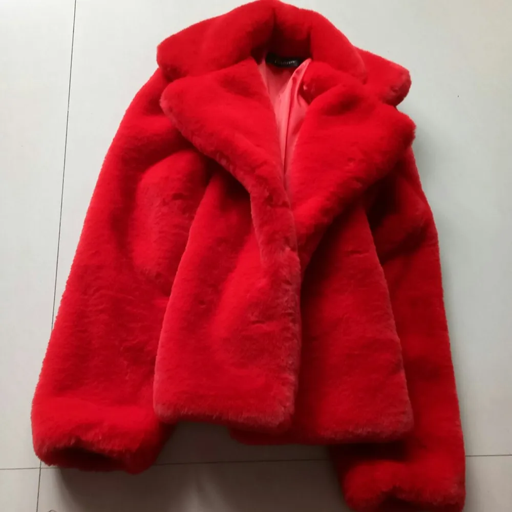 

2017 Spring autumn winter turn-down collar solid red faux fur jacket coat for women long sleeve warm jackets coats