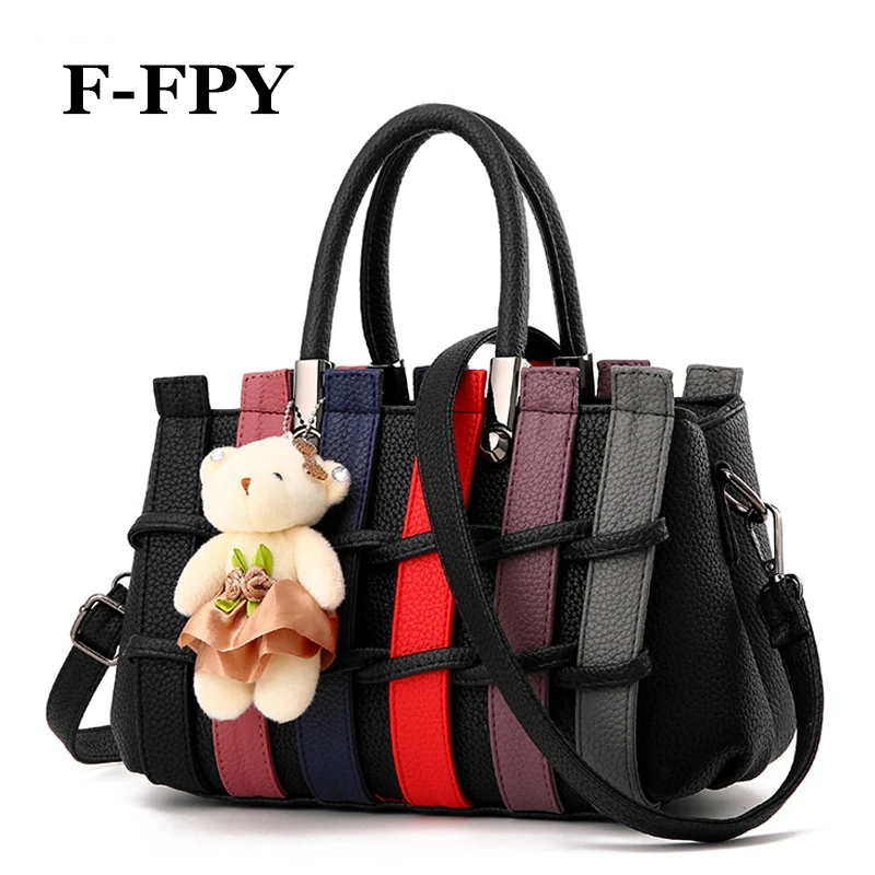

New Women Handbag with Bear Pendant Knitted Design Female Totes Bag Ladies Candy Colors PU Shoulder Messenger Bag bolsa feminina