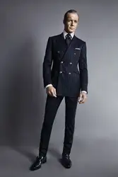 2017 последние конструкции пальто брюки Темно-синие жениха Смокинги для женихов итальянский Стиль в полоску doubel модель мужские Нарядные
