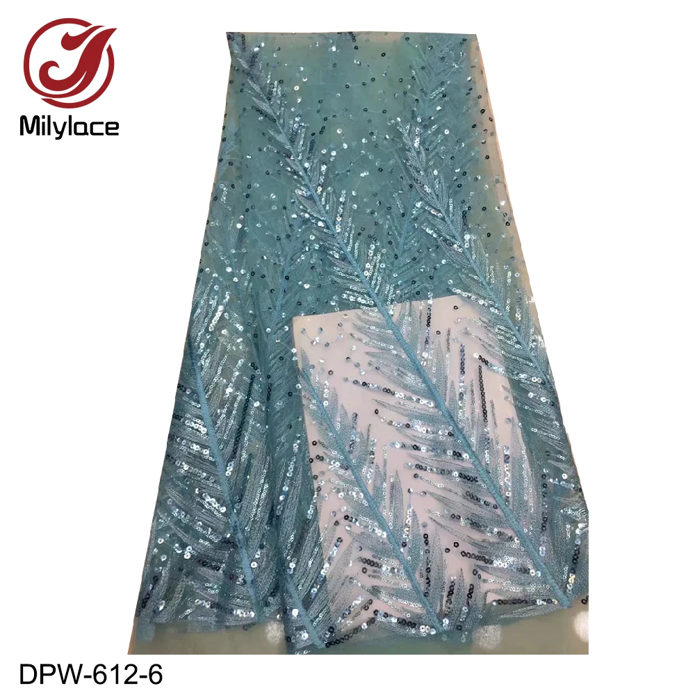 

Milylace 2019 Nigerian lace fabric 5 yards shiny sequined mesh lace with feather embroidery for party wedding dresses DPW-612
