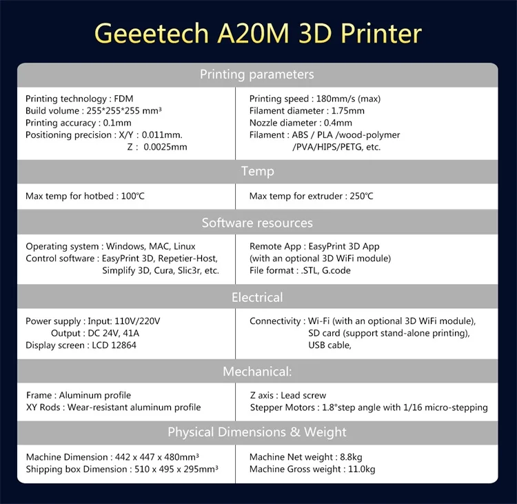 Geeetech 3d принтер A20M 2 в 1 Mix-color FDM CE Быстрая сборка с филаментом Fetector и восстановление 255*255*255 область печати