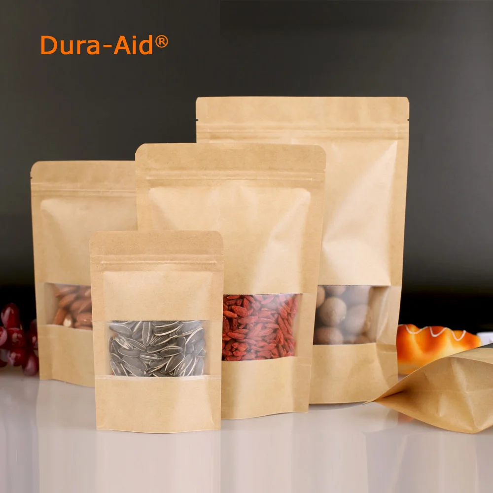

Dura-Aid Standup kraft paper bag with window and zipper for food 9x14x3cm_3.5''*5.5'' 100pcs free shipping